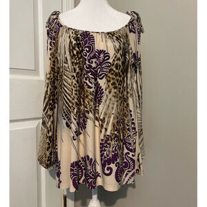 BOSTON PROPER Women Top Purple Paisley Animal Print‎ Open Sleeve Boho Size M